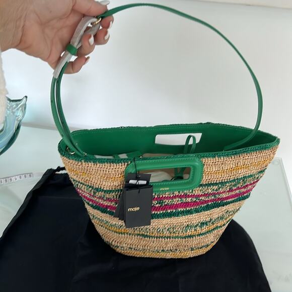 NWT $385 MAJE MEDIUM Vert Casino leather straw bag w/ strap and top handle - Picture 14 of 16